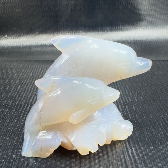 Vintage Had Carved Dolphins On Wave Small Figurine Blue Gray Opalescent Finish - Picture 1 of 9